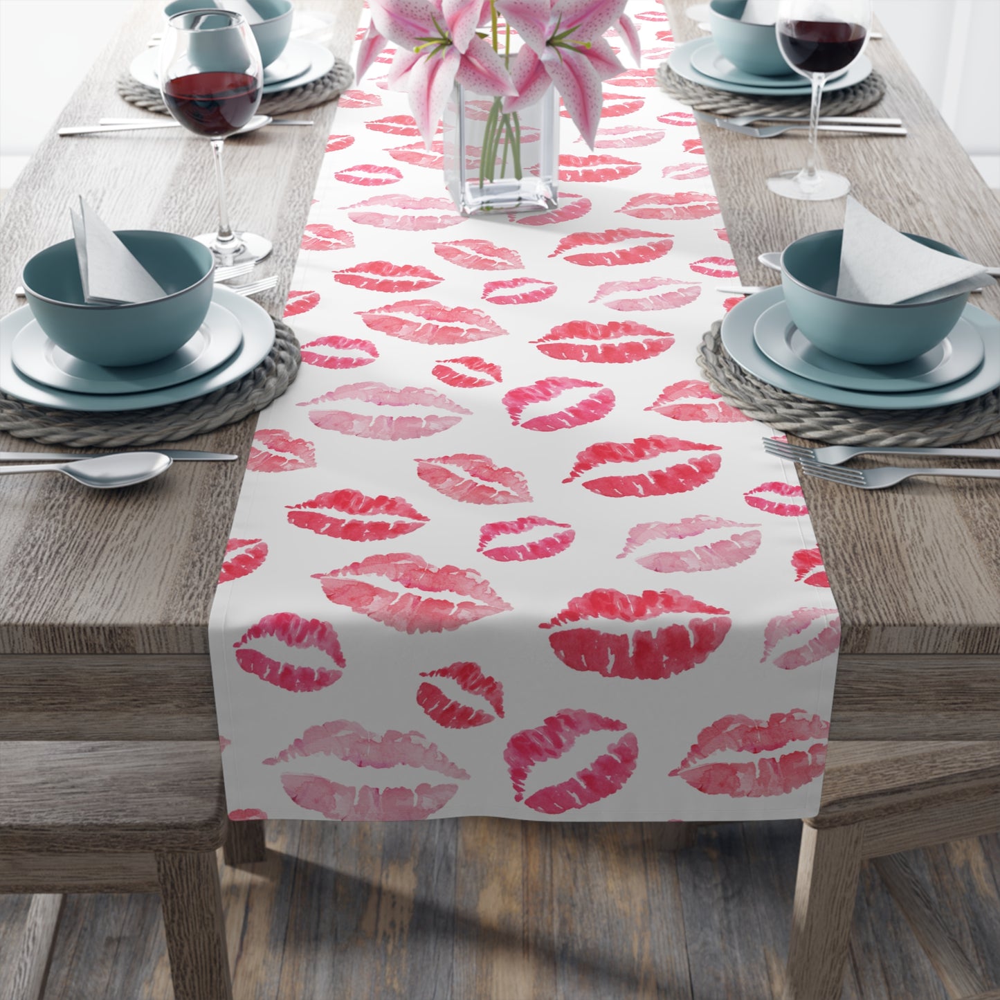 Kiss Print Table Runner — Romantic Lipstick Pattern for Valentine’s Day & Date Nights