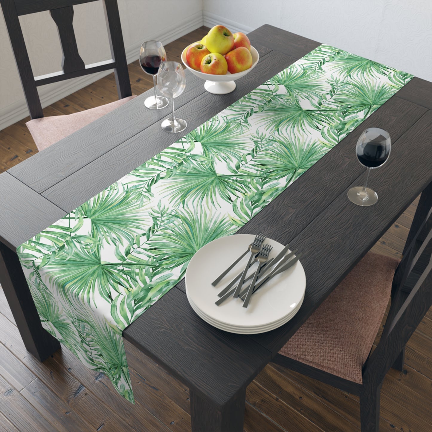 Tropical Palm Table Runner — Green Leaf Botanical Dining Decor