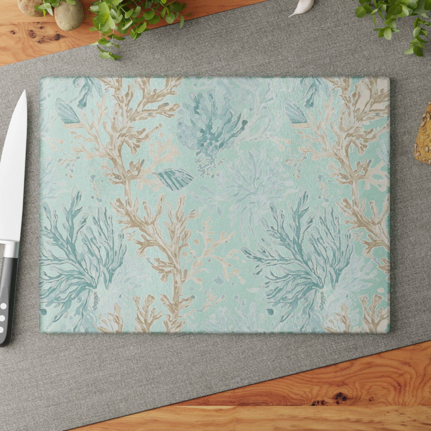 Glass Cutting Board — Coastal Seaweed Pattern Tempered-Glass Chopping Board