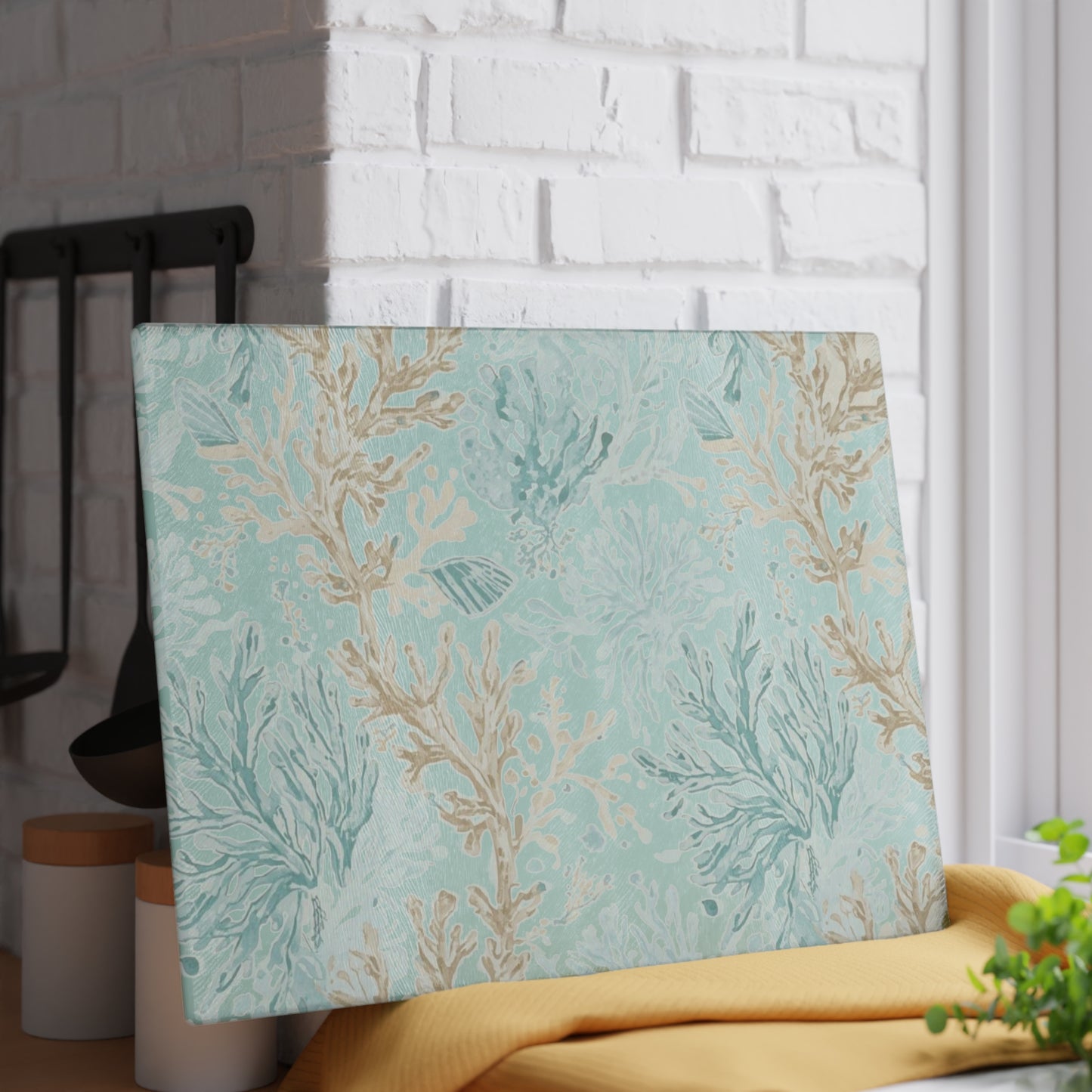 Glass Cutting Board — Coastal Seaweed Pattern Tempered-Glass Chopping Board