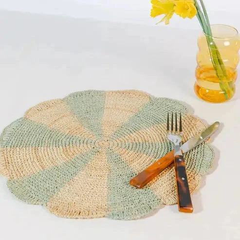 Pinwheel Blue Placemat, raffia tabletop