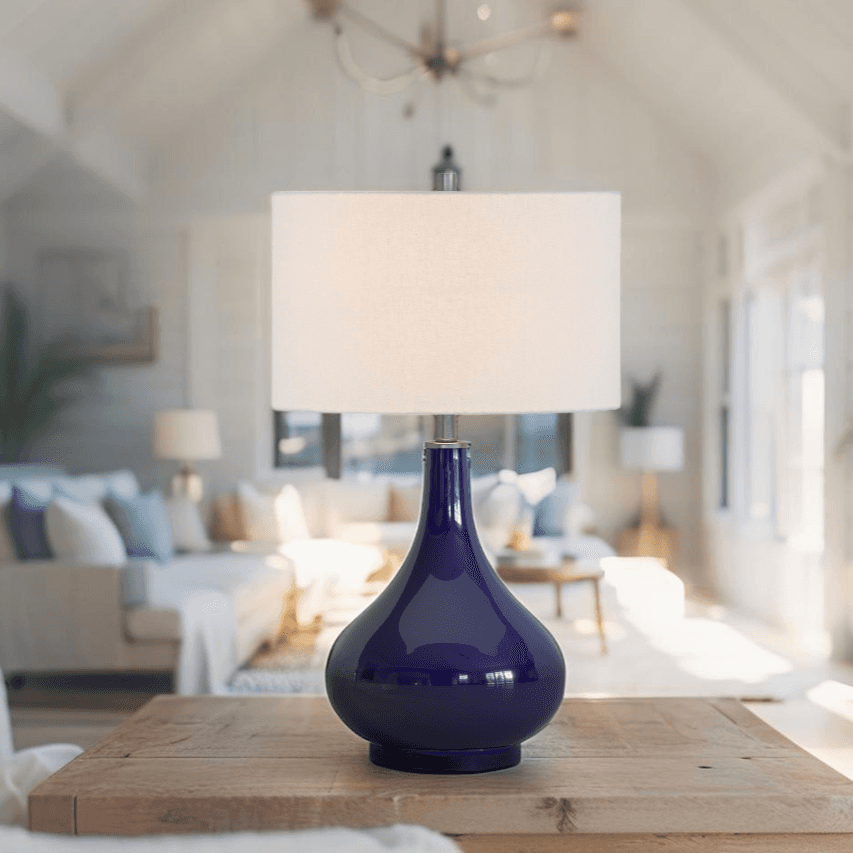 25-inch gourd-shaped navy glass lamp on nightstand in modern bedroom