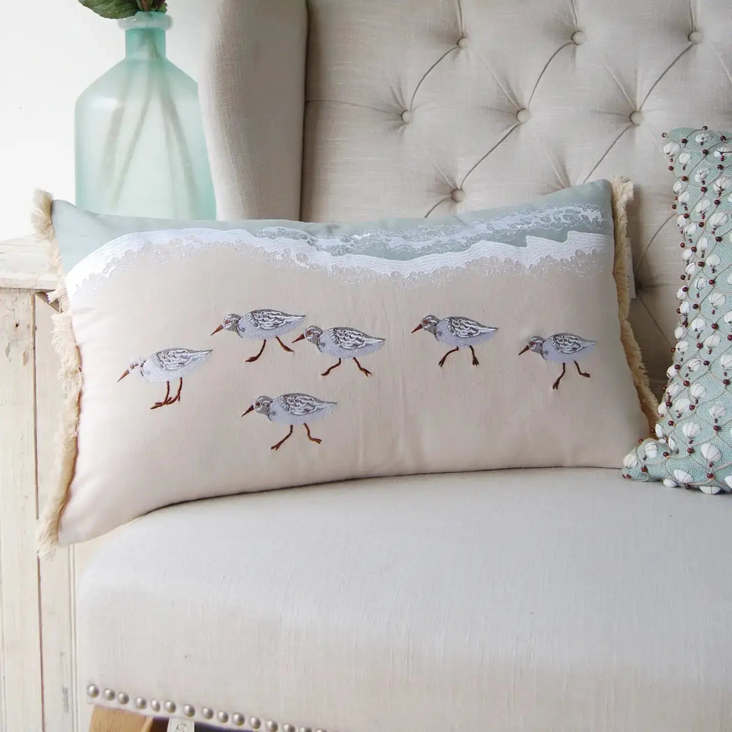 Sandpiper Embroidered Lumbar Pillow