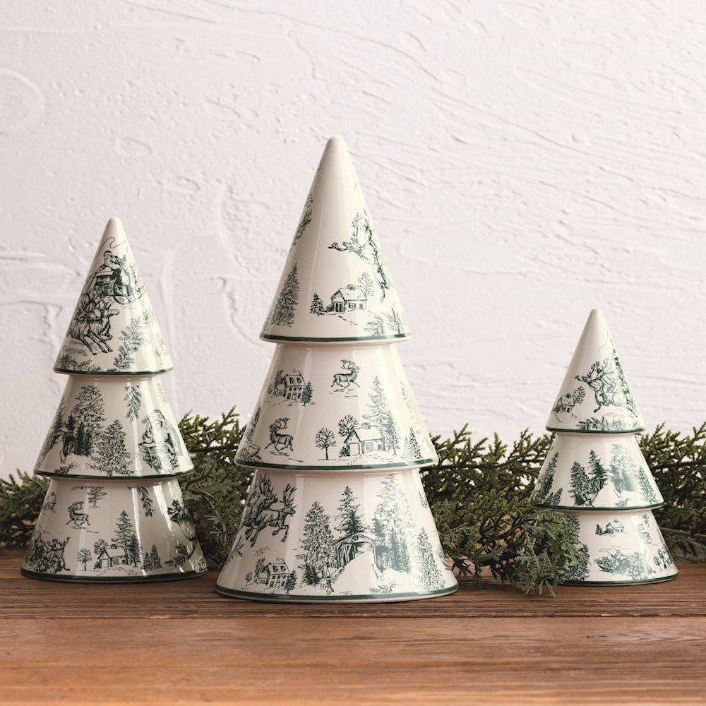 Hand-Painted Green Toile Ceramic Christmas Tree Sitters