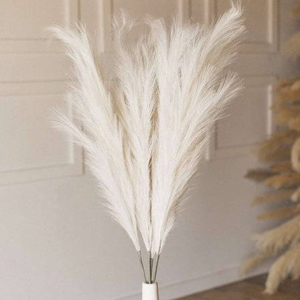 Extra-long 47-inch Cream Faux Pampas Grass displayed in a floor vase, highlighting its no-shed advantage.