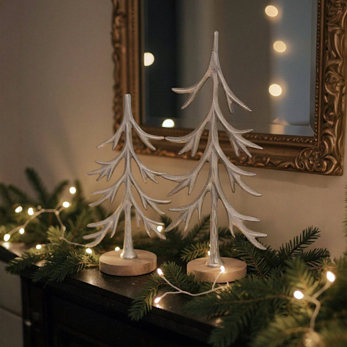 Silver Cast Aluminum Trees with Mango Wood Base | 2 Sizes