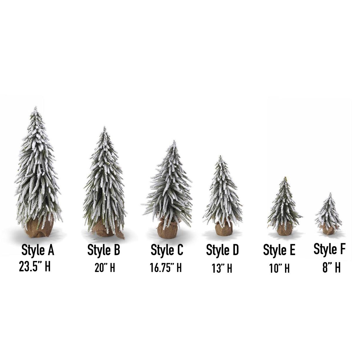 Variety set of 6 artificial mini snow pine trees ranging in height for holiday villages.