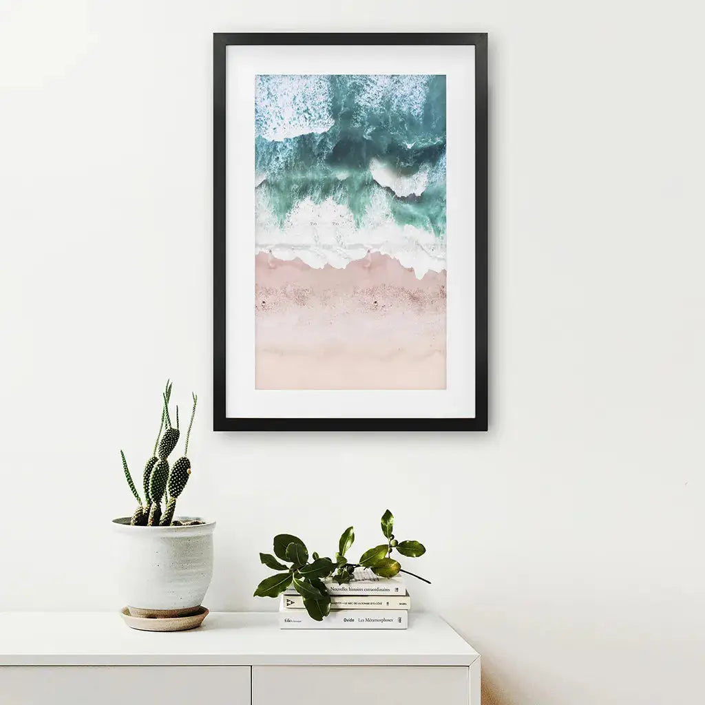 Aerial Coastal Ocean Wall Decor. Pink Beach, Blue Waves