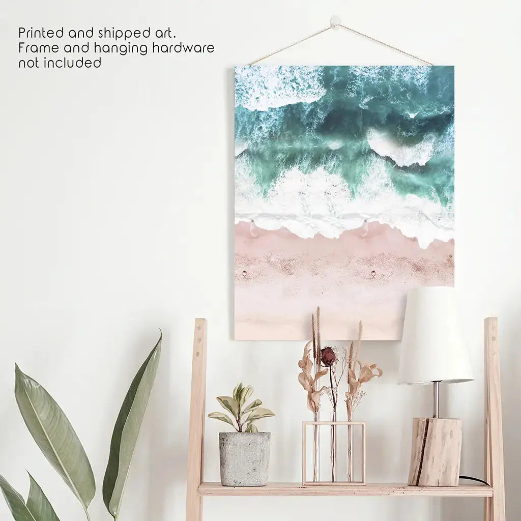 Aerial Coastal Ocean Wall Decor. Pink Beach, Blue Waves