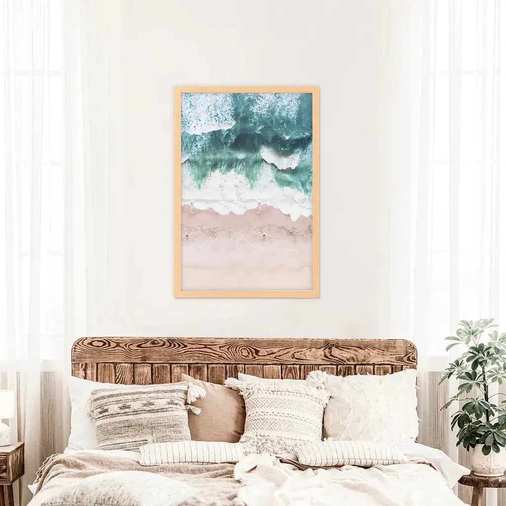 Aerial Coastal Ocean Wall Decor. Pink Beach, Blue Waves