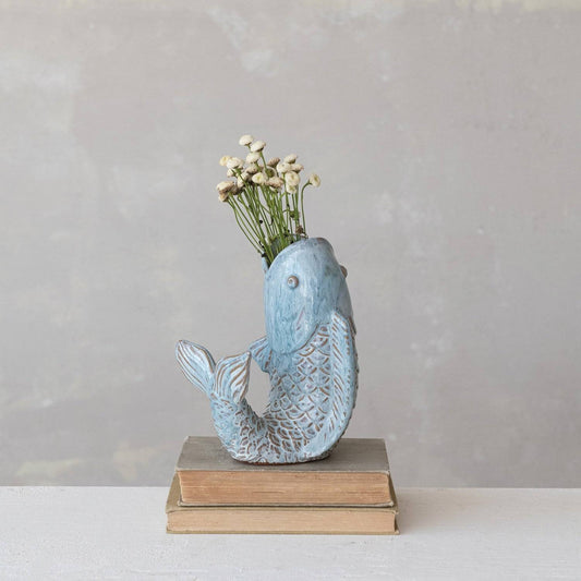 Blue Ceramic Koi Fish Vase