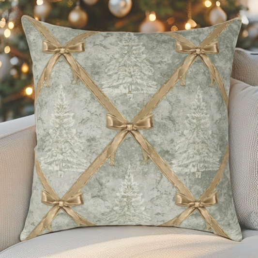 Soft, textured accent cushion in a neutral green, with a gold ribbon lattice design, perfect for French Country Christmas home decor.