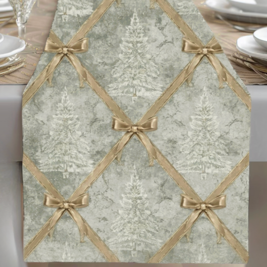 Luxury neutral Christmas table linen featuring a gold ribbon pattern and stylized white/green Christmas trees.