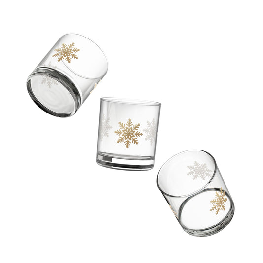 heavy-base 10 ounce rocks glass with a scattering of festive gold snowflake decals.