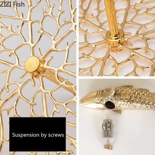 Gold Coral Carp Lotus Leaf Wall Decor