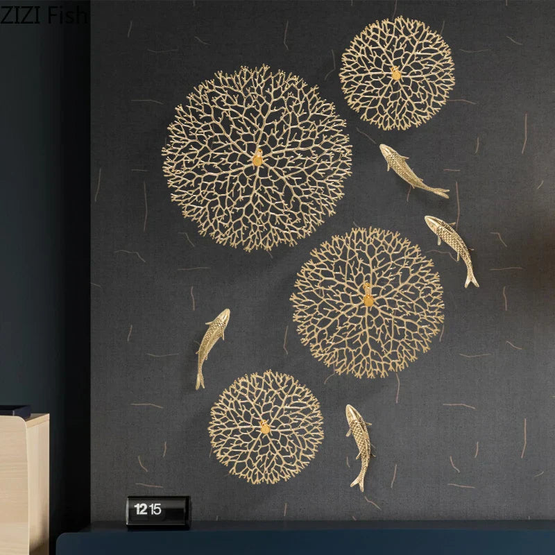 Gold Coral Carp Lotus Leaf Wall Decor
