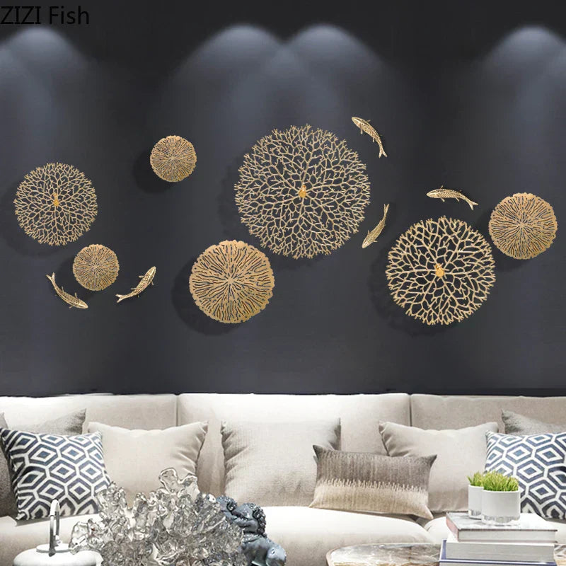 Gold Coral Carp Lotus Leaf Wall Decor