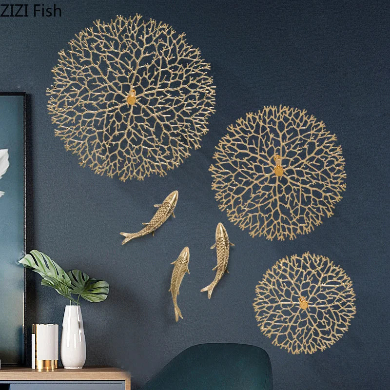 Gold Coral Carp Lotus Leaf Wall Decor