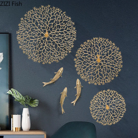 Gold Coral Carp Lotus Leaf Wall Decor