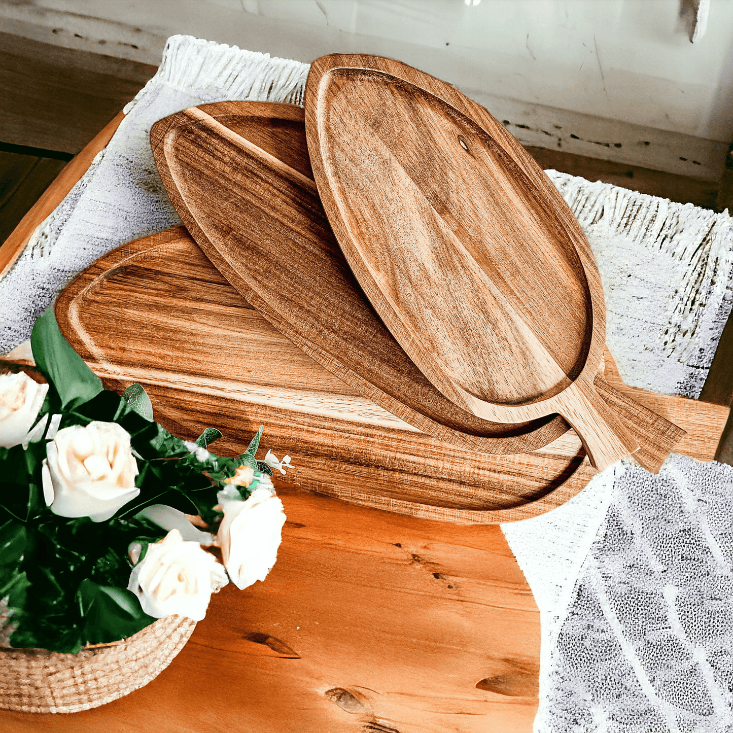 Acacia wood charcuterie board in leaf design
