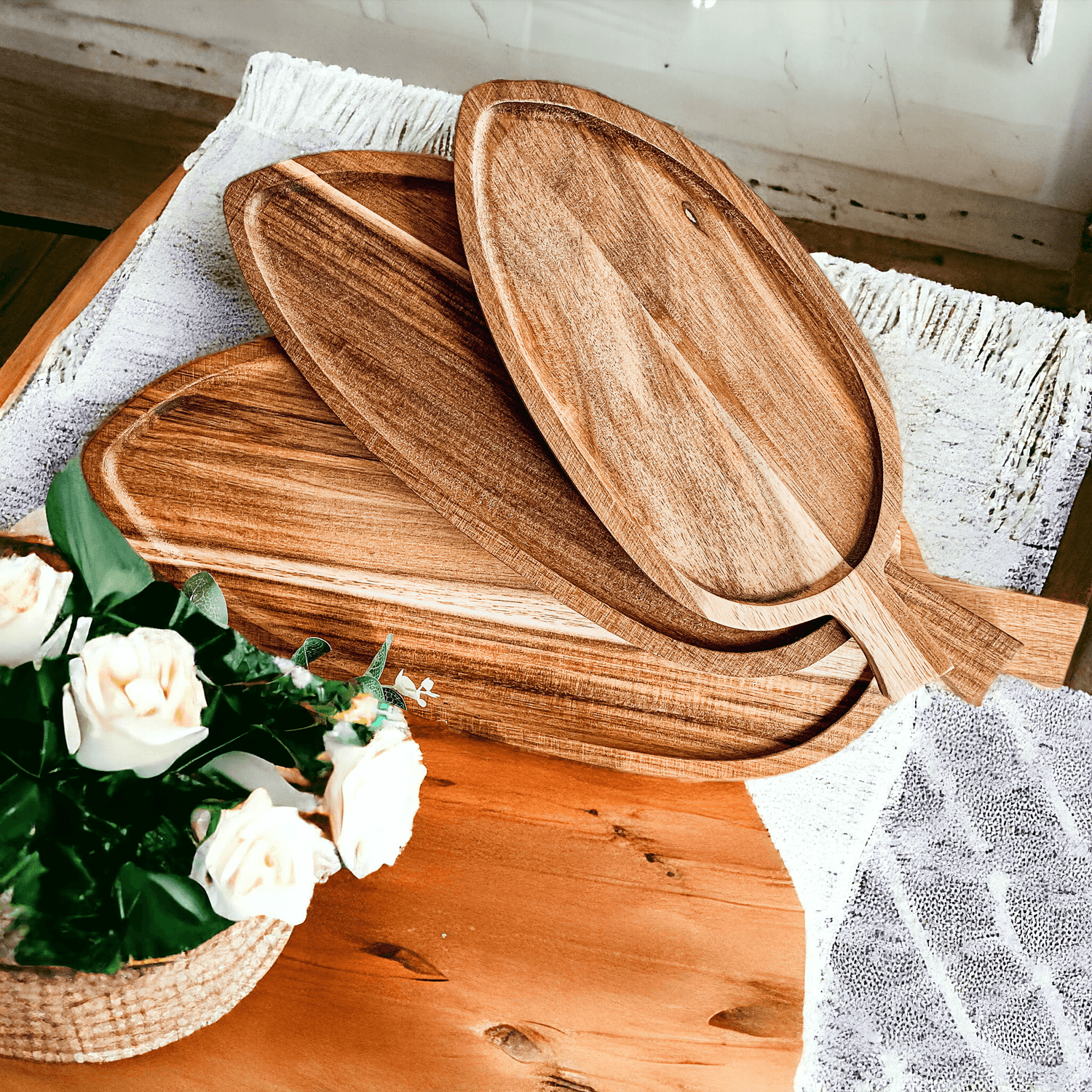 Acacia wood charcuterie board in leaf design