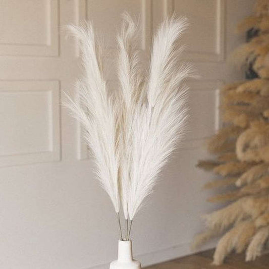 Close-up of the realistic, fluffy plume texture of the allergy-free artificial pampas grass for boho home decor.