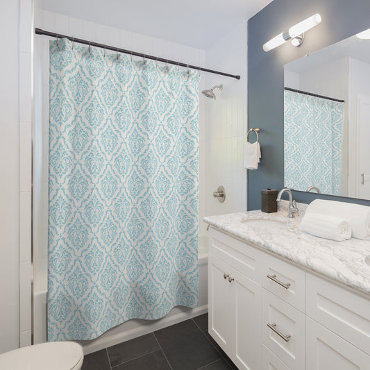 Aqua coastal damask shower curtain in a beach-themed bathroom setting