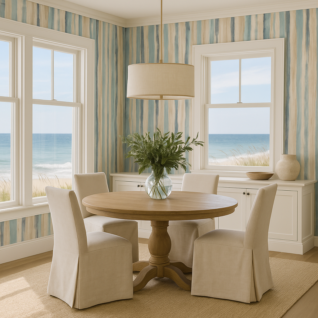 Wallpaper roll showing aqua and sand painterly stripe design