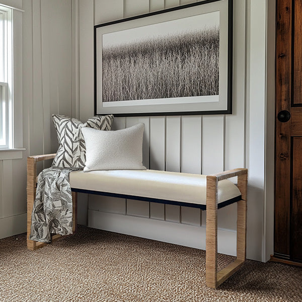 Beach house wooden bench with woven rattan seat
