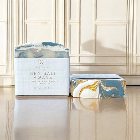 Handmade sea salt agave soap styled in beach bathroom decor