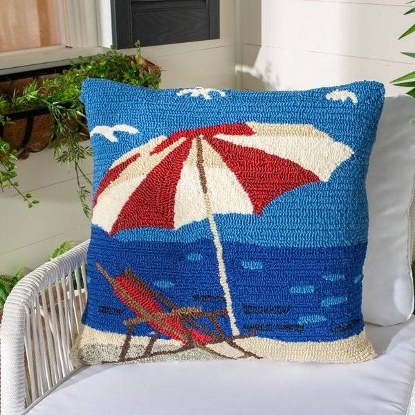 Beach Lounge Pillow 20x20 - Red & Blue Umbrella Chain Stitch Accent