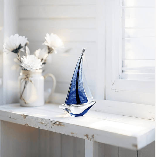14 inch blue art glass sailboat sculpture for coastal home decor