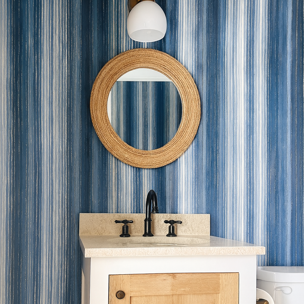 Blue coastal striped wallpaper featuring ocean-inspired cascading tones