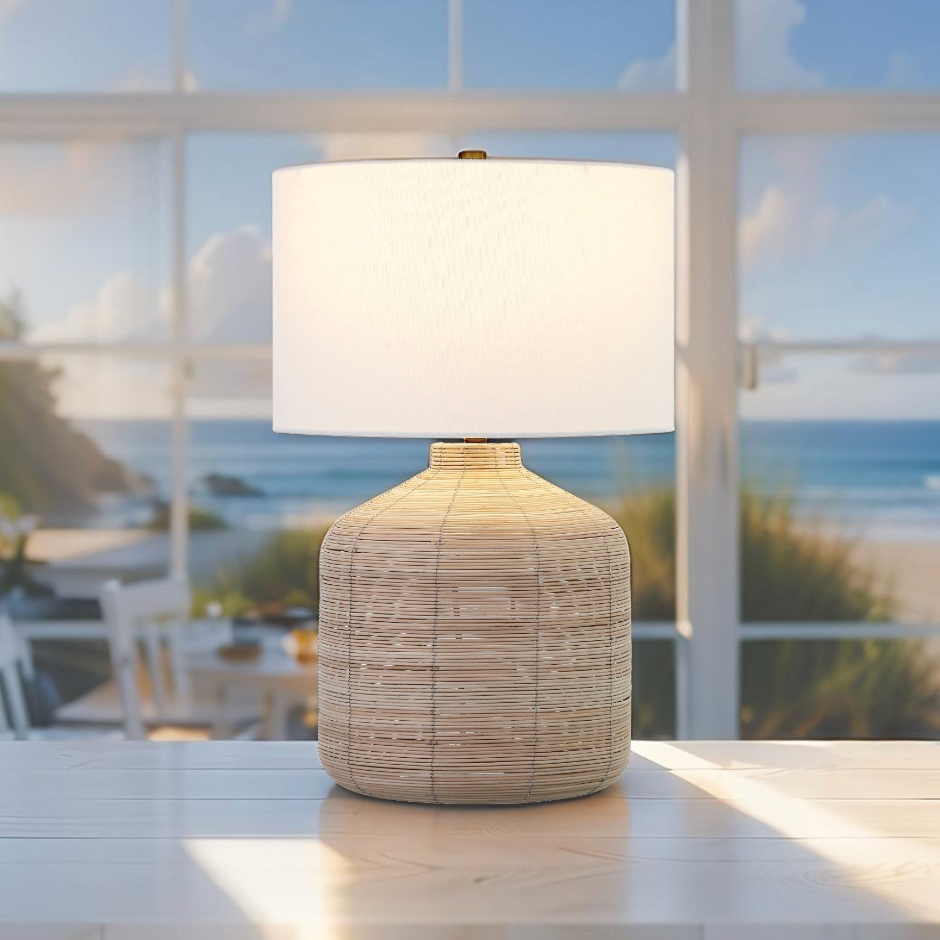 Boho style rattan table lamp perfect for bedside lighting and bohemian decor