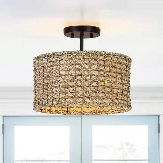 Bohemian semi-flush mount light fixture with natural seagrass weave