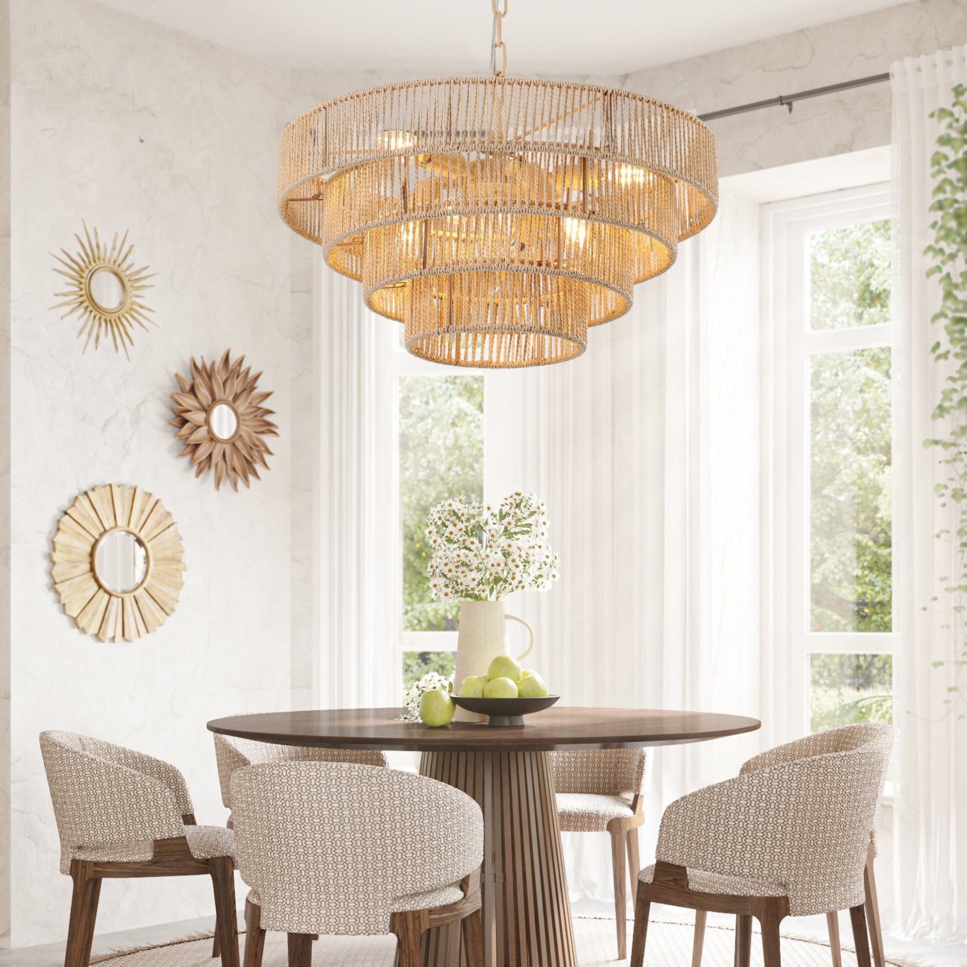 Bohemian rattan ceiling light above beach-inspired dining table