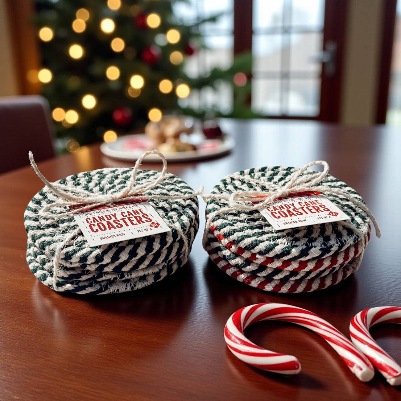 Close-up detail of the durable braided cotton rope material on the round drink coaster.