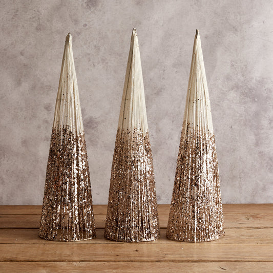 Set of 3 Champagne Gold Glitter Cone Trees for Rustic Glam Tabletop Christmas Decor.