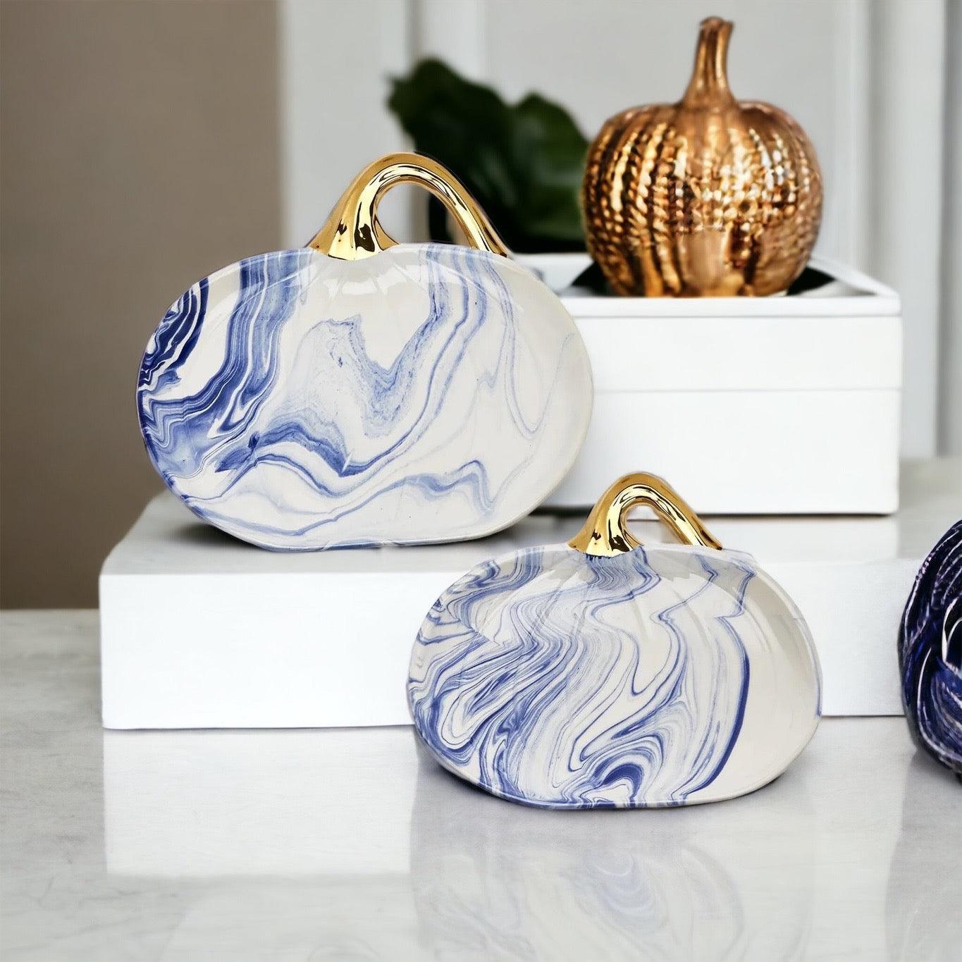 Chinoiserie Coastal Blue and White Pumpkin Platter, Marbled Ceramic with Glam Gold Stem Accent.
