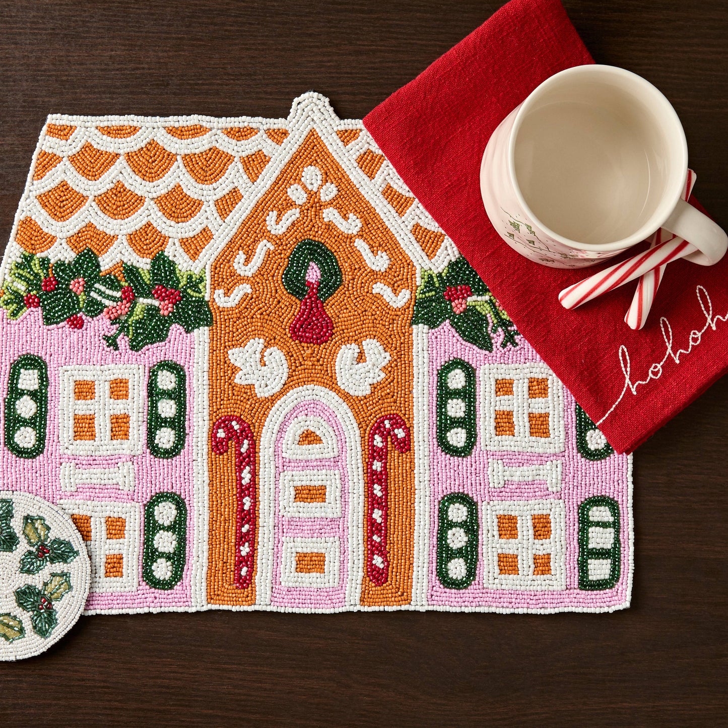 handmade beaded Christmas placemat with festive candy details