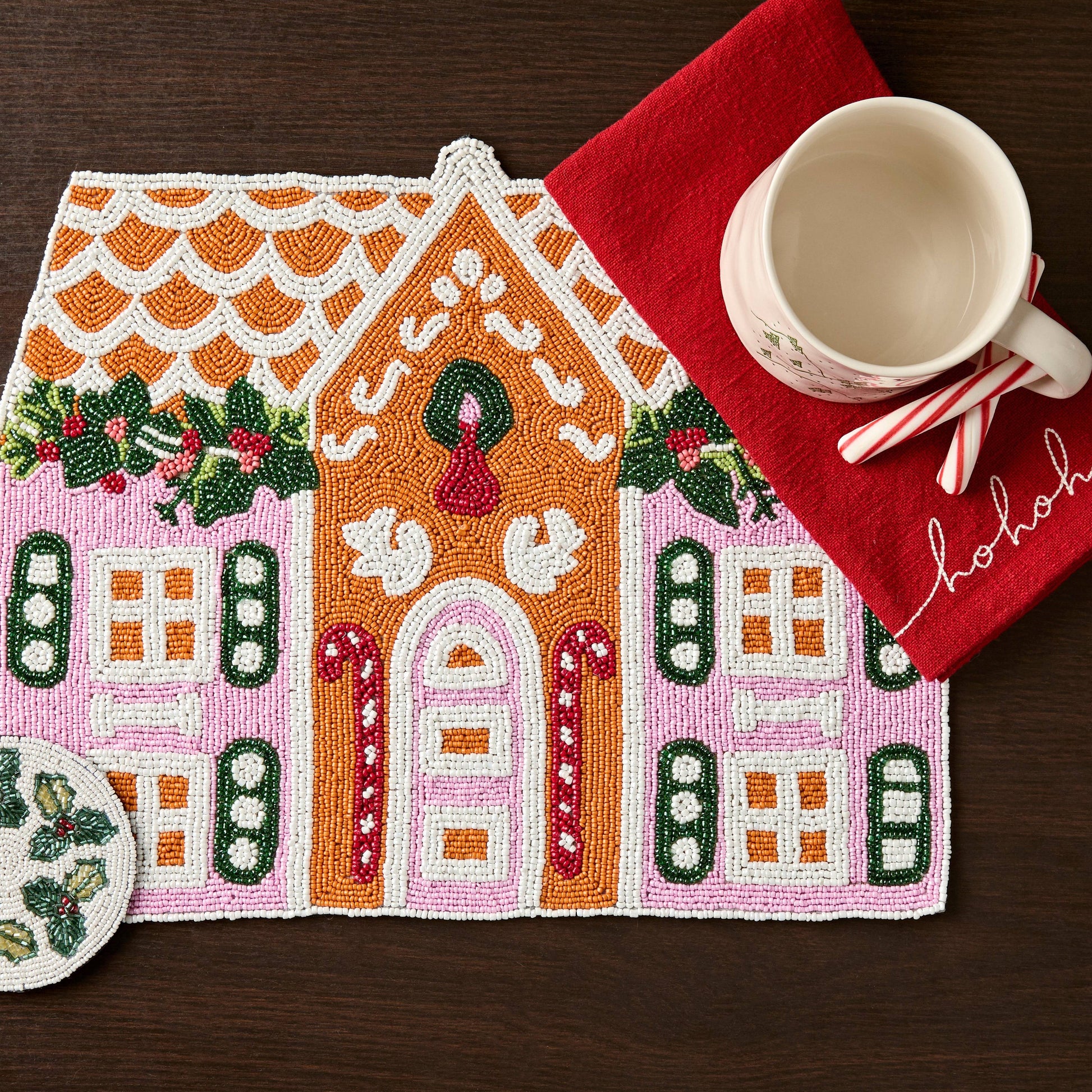 handmade beaded Christmas placemat with festive candy details