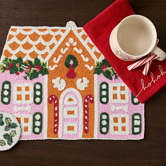 handmade beaded Christmas placemat with festive candy details