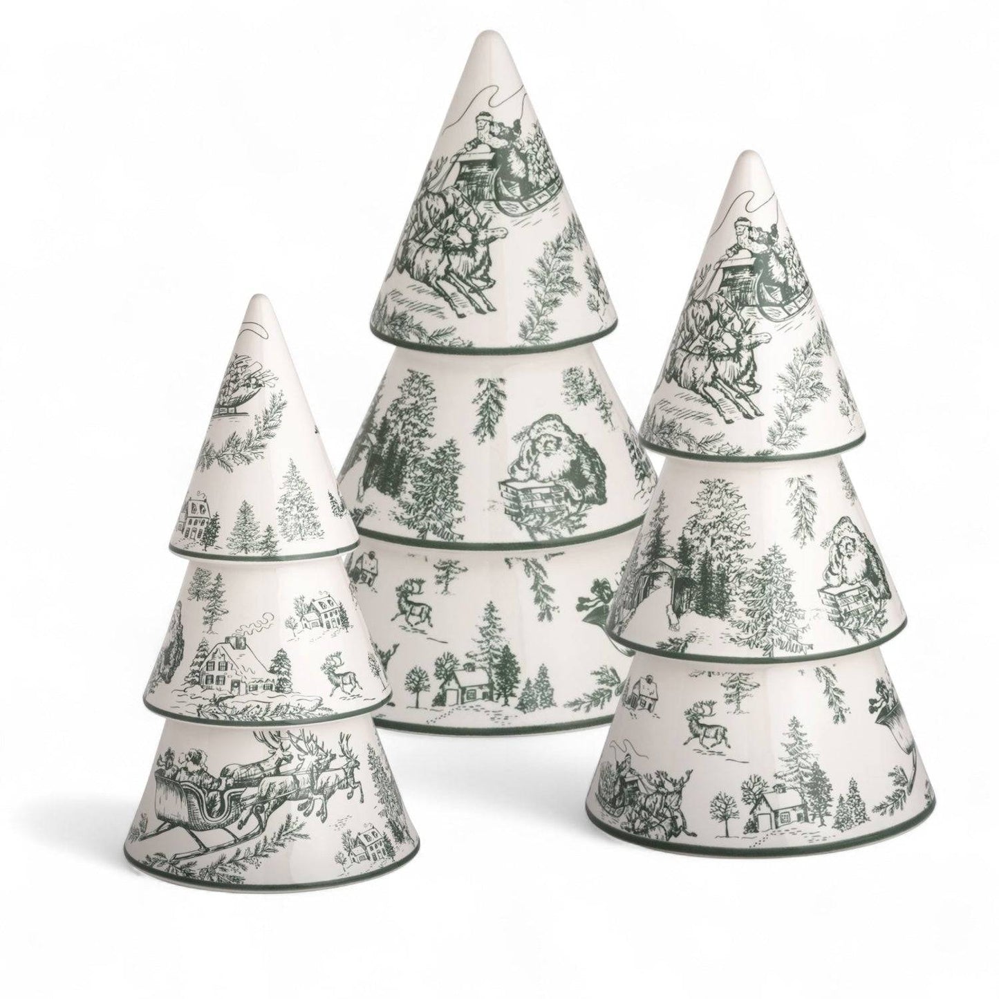 Hand-Painted Green Toile Ceramic Christmas Tree Sitters