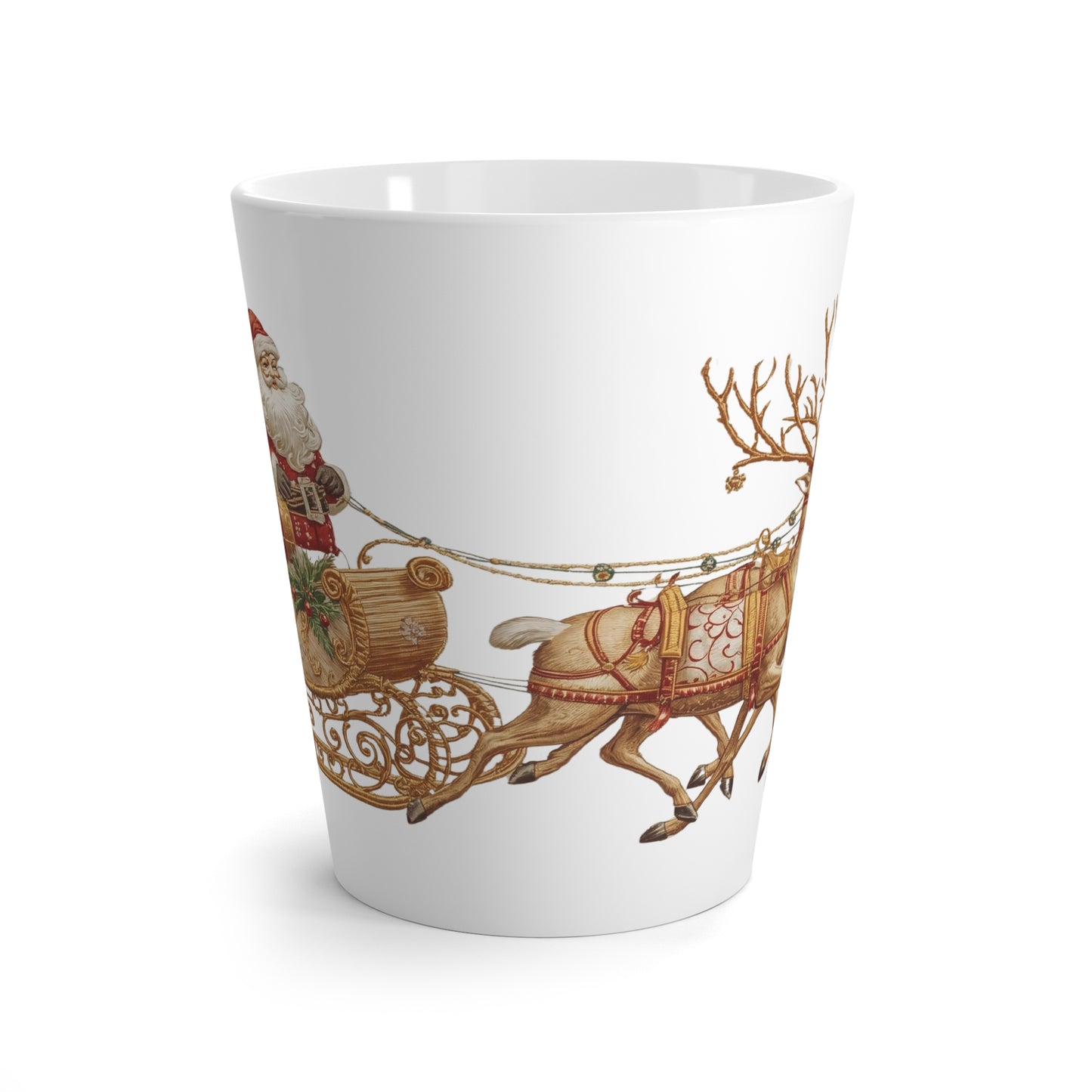 Holiday coffee mug with Santa riding in sleigh, red and green Christmas theme