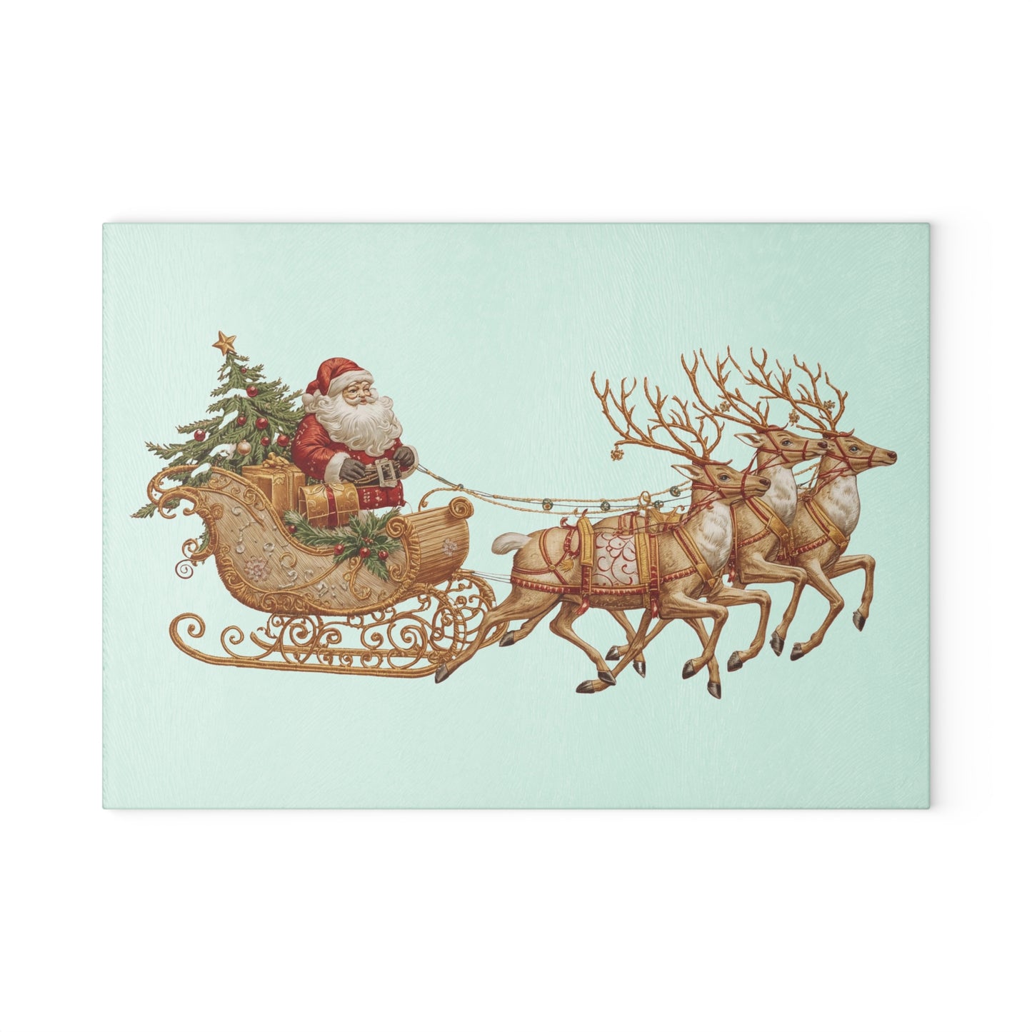 Vintage Santa sleigh and reindeer illustration on mint glass cutting board