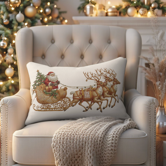 Decorative pillow with Santa and reindeer design on a beige armchair in a festive setting.