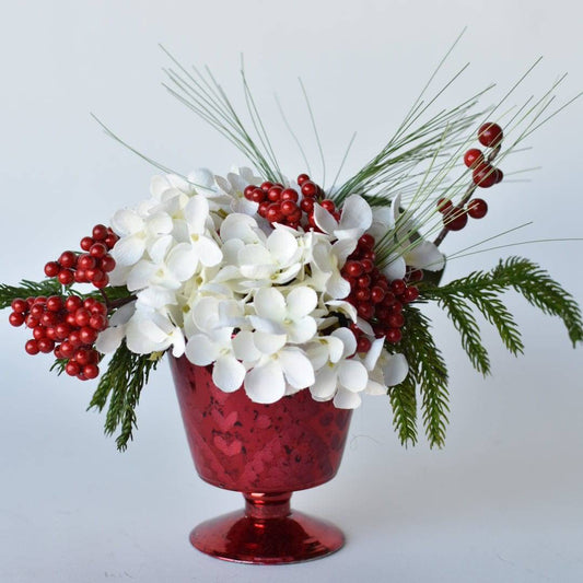 White Hydrangea and Greenery Floral Arrangement in Red Glass Container – Christmas Table Centerpiece.
