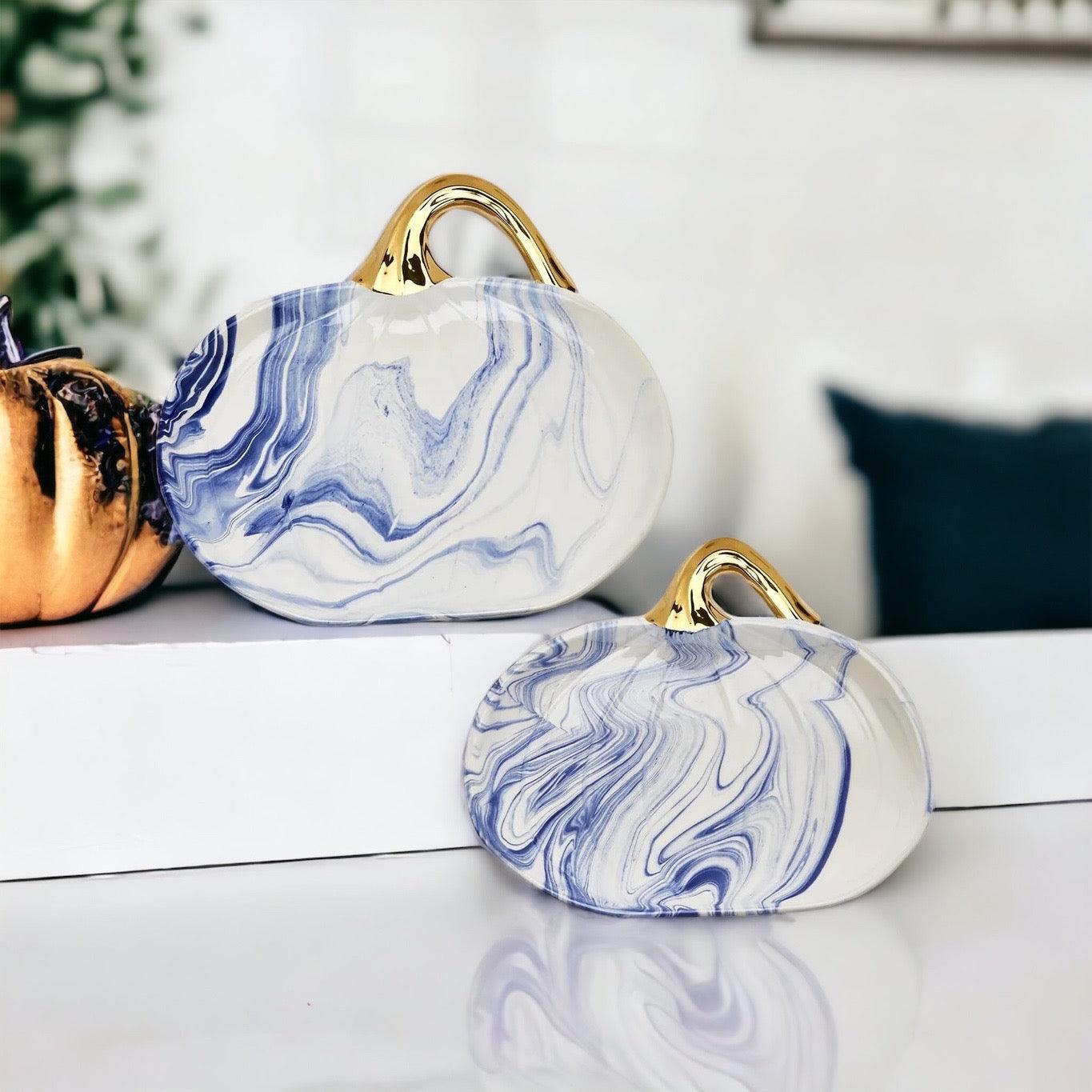 Marbled Blue and White Pumpkin Serving Platter with Gold Stem, ideal for Coastal Thanksgiving and Elegant Fall Decor.