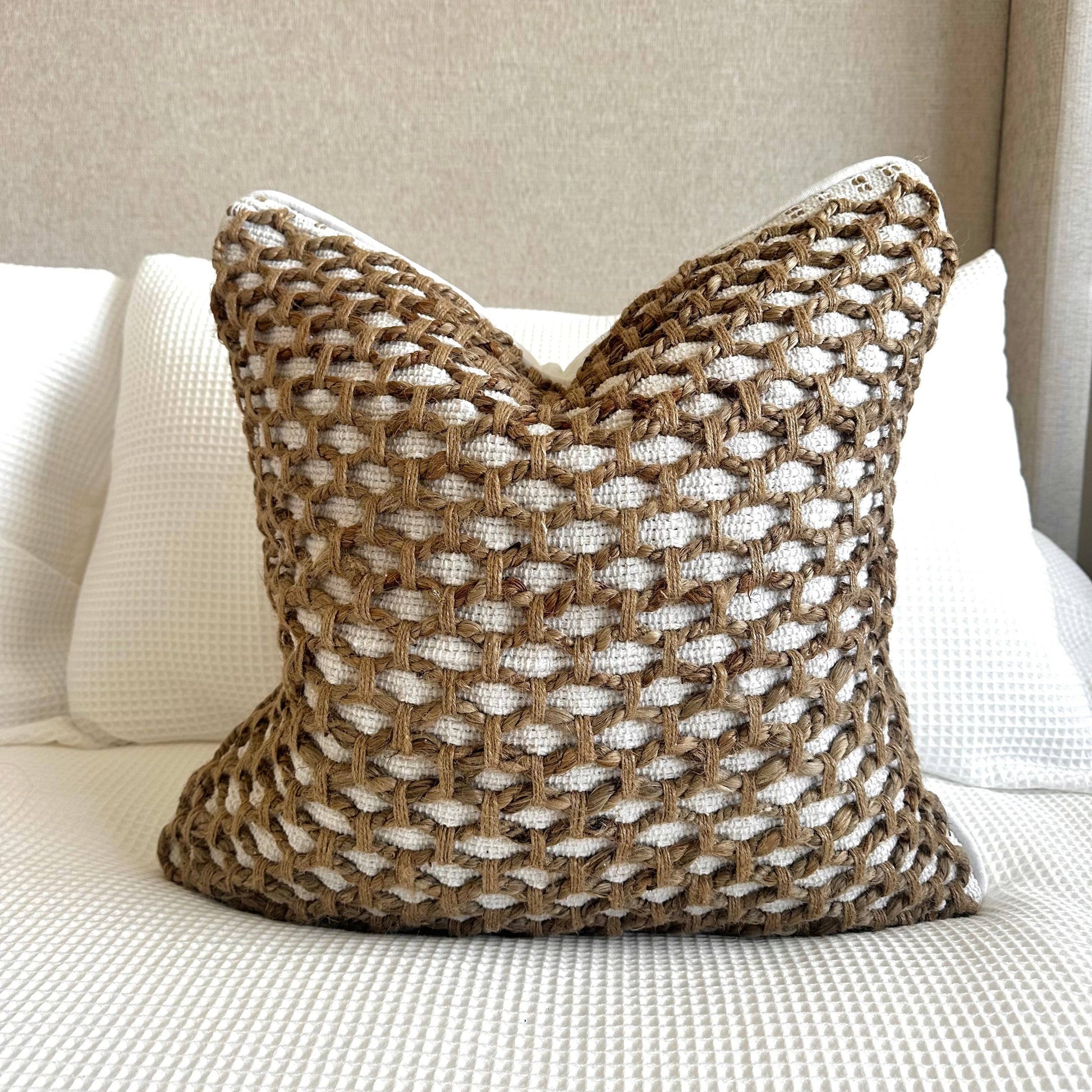 20x20 braided jute pillow cover in natural tan and ivory cotton for coastal décor