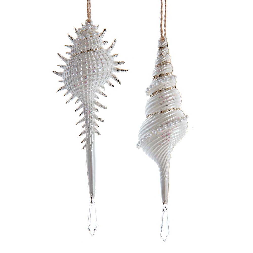Glittered seashell Christmas ornament with shimmering white finish, perfect for nautical holiday decor.
